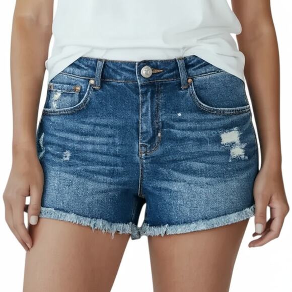 RSQ Jeans Blue Midwash Distressed Rolled Hem Malibu Denim Shorts - Picture 1 of 11